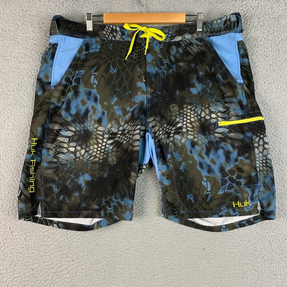 Huk Kryptek Neptune Pursuit Boardshorts Mens XXL Blue Camo Fishing Water Shorts
